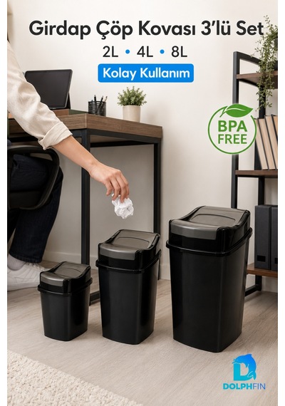 Girdap 3 Lü Sallanır Kapaklı Çöp Kovası Seti 2 L 4 L 8 L Banyo Mutfak Siyah