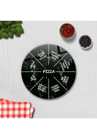 Decorita Mottolu Pizza Servis Tabağı - Siyah Mermer - Çap 32 CM