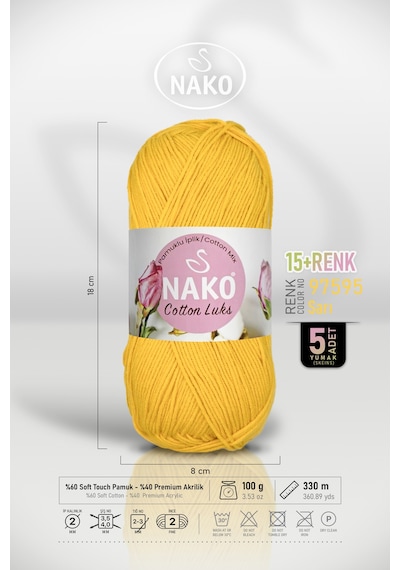 Cotton Lüks - 97595 Sarı - 5'li Paket - 100gr/330m - Pamuklu Hırka Yelek Amigurumi İpi