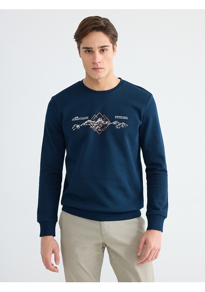 Lcwaıkıkı Classic Lacivert Bisiklet Yaka Baskılı Erkek Kalın Sweatshirt