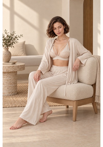 Loule Kadın Bej Dantel Braletli Penye Pijama Ve Hırka Seti 3 Parça