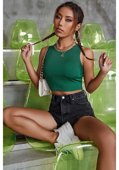 Modi Kadın Yeşil Kare Yaka Crop Top Bluz