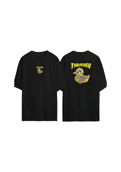 Thewert Unisex Thrasher Ön Arka Baskılı Sıyah Oversize T-shirt Siyah