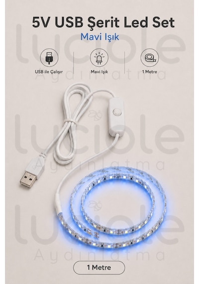 1 Metre 5v Usb Mavi Şerit Led Aç Kapa Anahtarlı Tv Arkası Gaming Masa Araç Dekoratif Işık