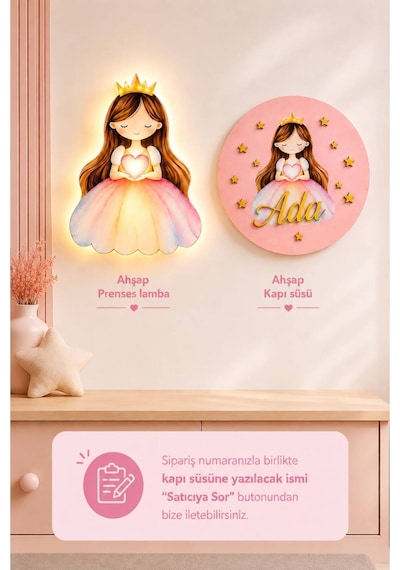 Ahşap İsme Özel Pilli Ledli Gece Lambası Ve Ahşap Kapı Süsü Seti Bebek Çocuk Odası Pembe
