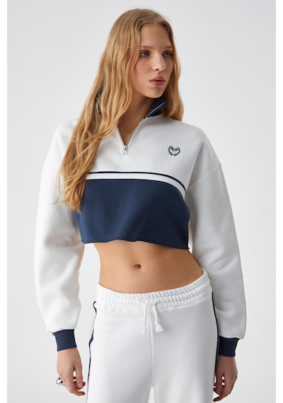 Ethıquet KRUSSEN Kadın Oversize Fermuarlı Uzun Kollu 3 İplik Kısa Beyaz Sweatshirt