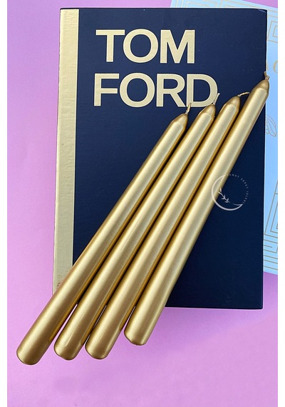 Gold Sedefli - Metalik Renk Konik Şamdan Mum - 4'lü Set Gold