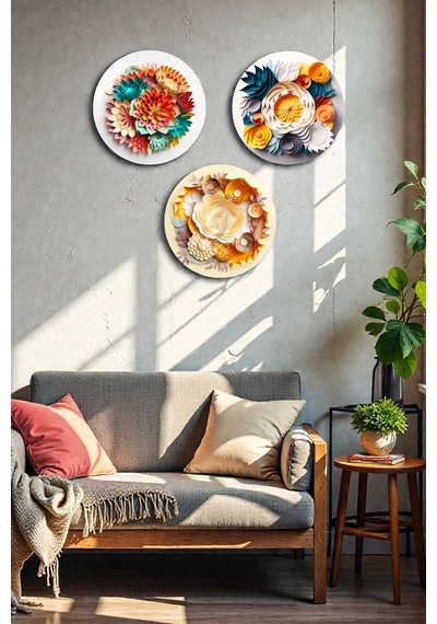 3 Parça Kabartmalı Estetik Çiçek Mdf Tablo Seti, Oturma Odası, Salon, Ofis, Ev Duvar Tablosu Dekoru