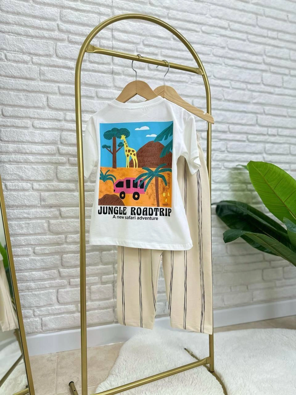 Cg Kids Jungle Çizgili Keten Kombinli Erkek Çocuk Alt Üst Takım Beyaz - Krem