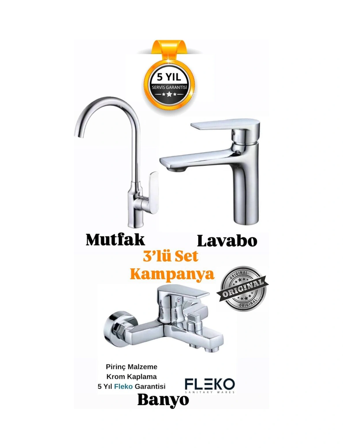 Boheme Fleko Alfa 3'lü Set Banyo, Mutfak, Lavabo Bataryası Krom