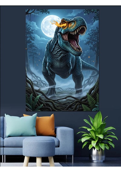 Ahşap Tablo Dolunayda Kükreyen Dinozor Rex