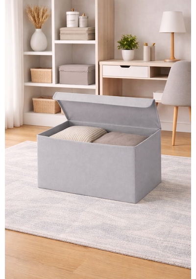 Serstil Orta Boy Kapaklı Kutu Hurç Kıyafet Battaniye Saklama Kutusu Organizer 50x40x30 Cm - Gri