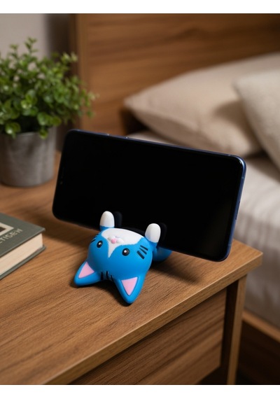 Mavi Kedi Figürlü Telefon Tutucu Stand - 3d Baskı Ofis Masaüstü Aksesuarı Ve Biblo