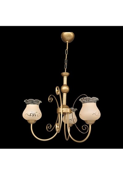Üçlü Fiskiyeli Avize Eskitme Statik Boyalı Metal Top Detaylı Somon Rengi Desenli Camlı