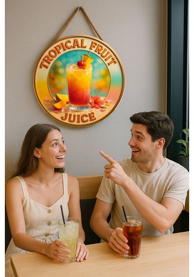 Tropical Fruit Juice Temalı Kapı Süsü Tablosu, Tropikal Meyve Resimli Yazlık Cafe Büfe Duvar Dekoru