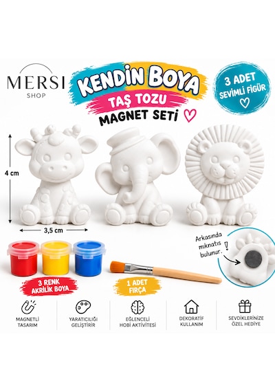 Kendin Boya 3 Lü Hayvan Magnet Seti Taş Tozu Figür 3 Renk Boya Ve Fırçalı Hobi Seti