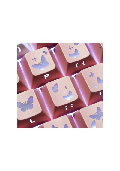 Leaven Kelebek Desenli Kare Tasarım Keycap Tuş Takımı Pbt - Rgb Uyumlu Işık Geçirgen - Pembe