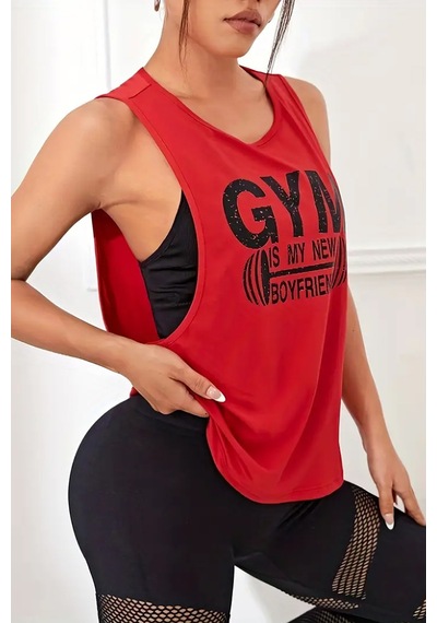 Ghassy Co. Kadın Gym Baskılı Nefes Alabilen Fitness Yoga Koşu Kolsuz Spor Atlet Kırmızı
