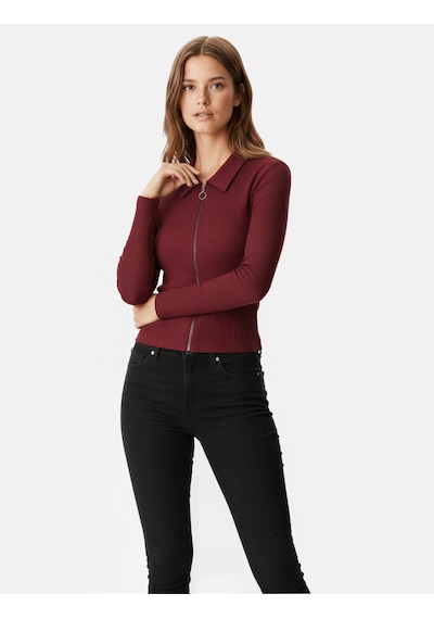 Koton Fermuarlı Slim Fit Gömlek Yaka Kaşkorse Uzun Kollu Tişört Bordo 6wal10120ık Bordo