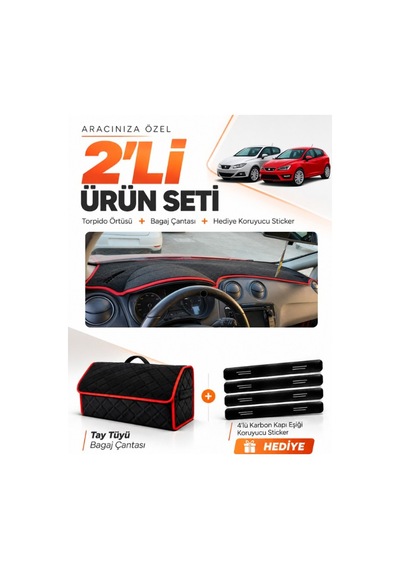 E-biz Seat Ibıza 2008-2017 Uyumlu Torpido Örtüsü + Tay Tüyü Bagaj Çantası - Siyah-kırmızı - Se004