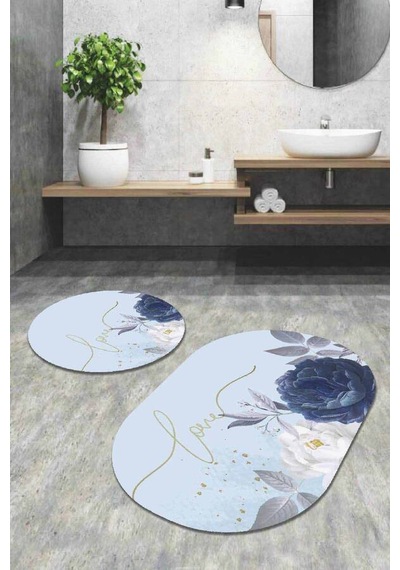 Eflatun Çiçek Desen Oval Banyo Klozet Paspas Seti Bs096n11
