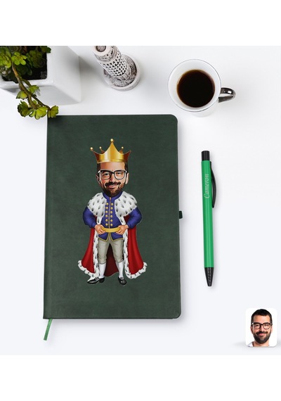 Kişiye Özel Kral Karikatürlü Yeşil Termo Deri Defter Kalem Seti M