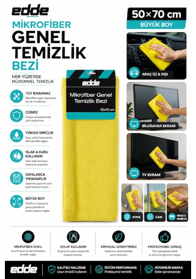Edde Araba Araç Oto Mikrofiber Genel Temizlik Bezi 50 70 Cm Oto Detailing
