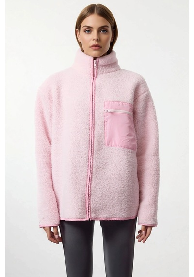 Benerly Kadın Dik Yaka Düşük Kol Tam Fermuarlı Peluş Sweatshirt Fonksiyon Açık Pembe