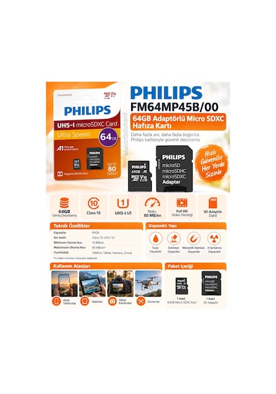 Phılıps 64gb Uhs-ı Micro Sdxc V10 Card Mikro Hafıza Kartı Ultra Speed Up To 80 Mb/s R A1 Class 10 Ca