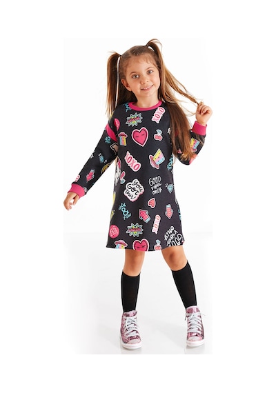 Denokids Kız Çocuk Kışlık Slogan Baskılı Siyah Uzun Kollu Elbise 4-10 Yaş