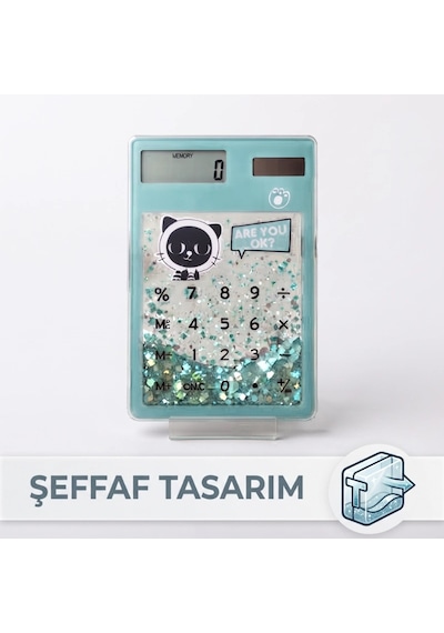 Özel Üretim Ofis Okul Masaüstü Kedi Figürlü Akrilik Parıltılı Şeffaf Hesap Makinesi Sevimli Simli