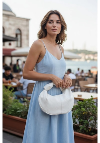 Glemix Helen Düğümlü Beyaz Örgü Desen Trend Mini Kadın El Çantası Beyaz