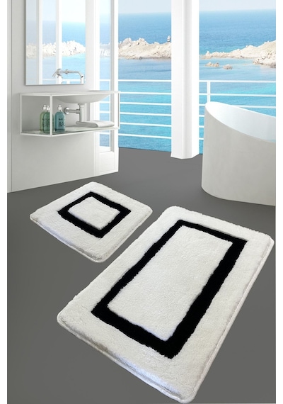 Chilai Home Quadrato Siyah 2'li Set Banyo Halısı Paspas Kaymaz Taban Yıkanabilir Akrilik Siyah
