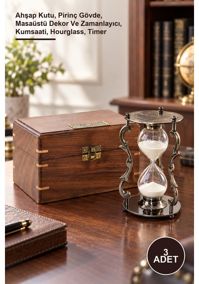 3 Adet Ahşap Kutulu Pirinç Kum Saati Ahşap Kutu, Pirinç Gövde, Masaüstü Dekor Ve Zamanlayıcı, Kumsaati, Hourglass, Timer 1