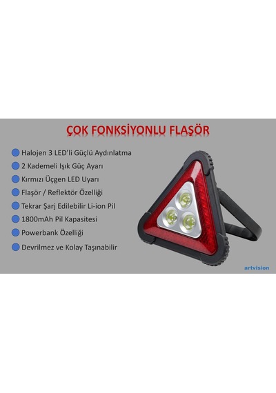 Üçgen Led Reflektör, 1800mah Şarj Edilebilir Pil, Güçlü Aydınlatma, Powerbank Olarak Kullanma Ö