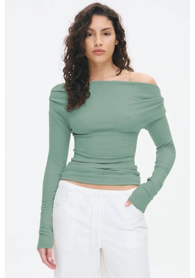 Madmext Haki Kadın Off Shoulder Uzun Kollu Bluz Mg2567 Haki