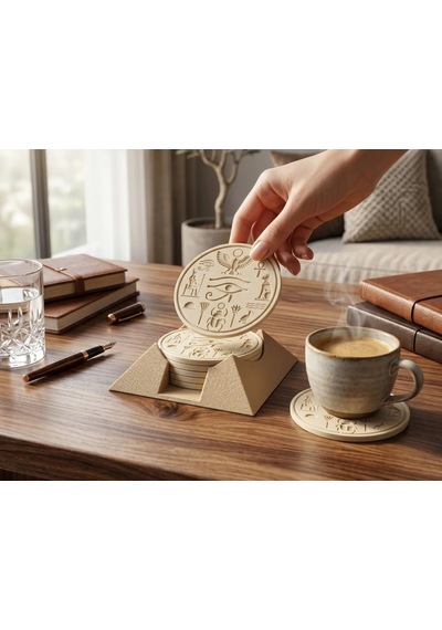Riti Design Antik Mısır Temalı 3d Baskı 5'li Bardak Altlığı Seti + Piramit Stand