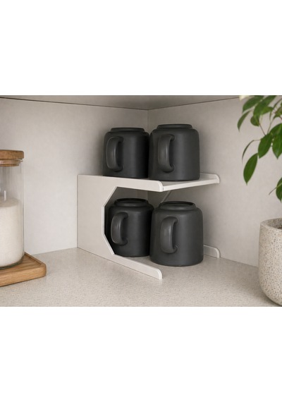 Mutfak Dolap İçi Kupa Organizer Rafı 2 Katlı Bardak Düzenleyici Stand 12x21x13 Cm beyaz
