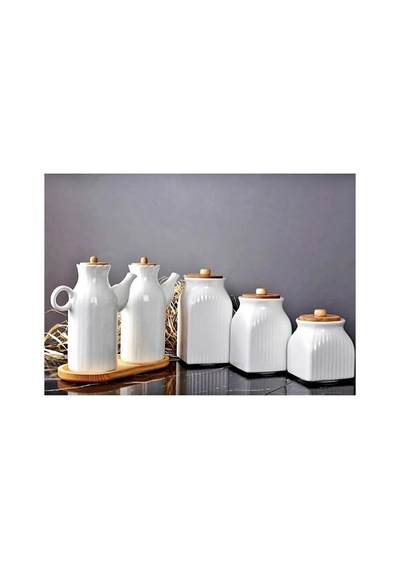 2 Li Set 6 Parça Bambu Standlı Papatya Porselen 1000ml Yağdanlık Ve 3 Lu Kavanoz Saklama Seti Beyaz Beyaz