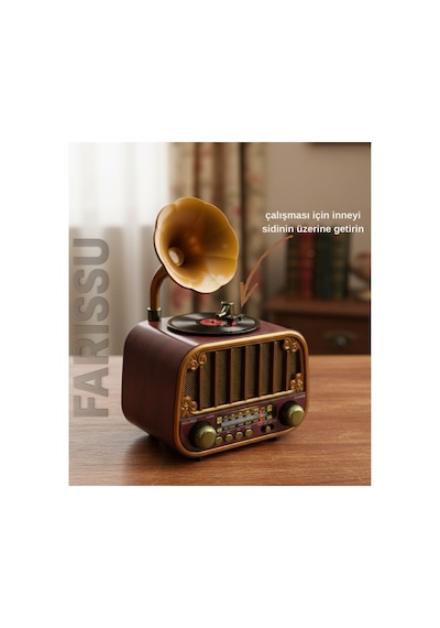 Nostaljik Gramofon Tasarımlı Bluetooth Radyo Fm/am/sw Usb & Tf Kart Destekli Type-c Şarjlı