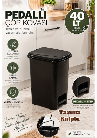 Porsima 0122-1 Slim Pedallı Çöp Kovası 40 Lt Siyah Taşınabilir Taşıma Kulplu Büyük Boy Mutfak Çöp Kovası