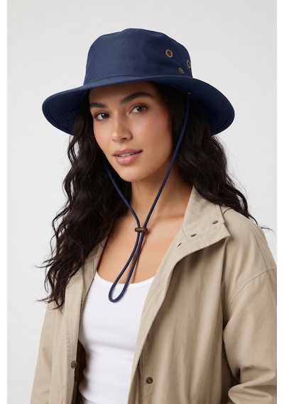 Mollycrush Lüks Safari Kamp Şapkası Geniş Kenarlı Lacivert Erkek İpli Çıtçıtlı Outdoor Lacivert