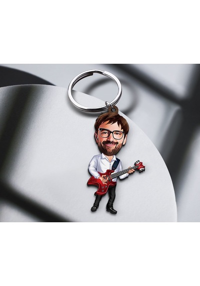 Bk Gift Kişiye Özel Gitarist Karikatürlü Ahşap Anahtarlık-2 Sevgiliye Hediye, Arkadaşa Hediye, Doğum Günü Hediyesi