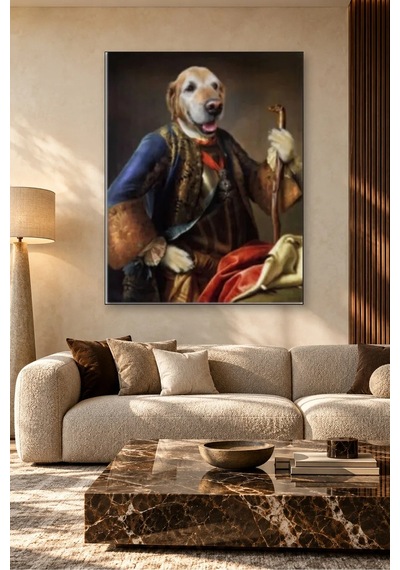 Fida Barok Kıyafetli Bastonlu Golden Retriever Canvas Tablo Çok Renkli