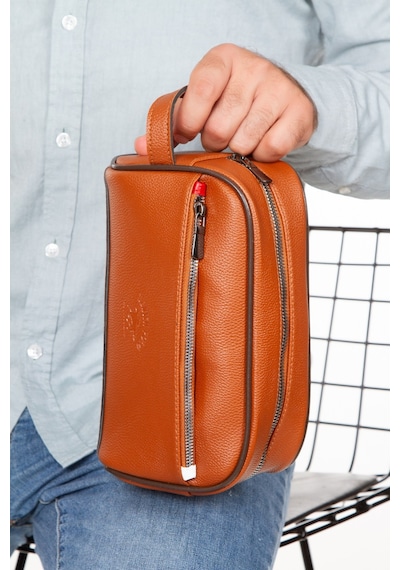 Newish Polo Erkek Deri Portföy Clutch Traş Kozmetik Bakım Ve Günlük El Çantası 14x24cm New171 - Taba
