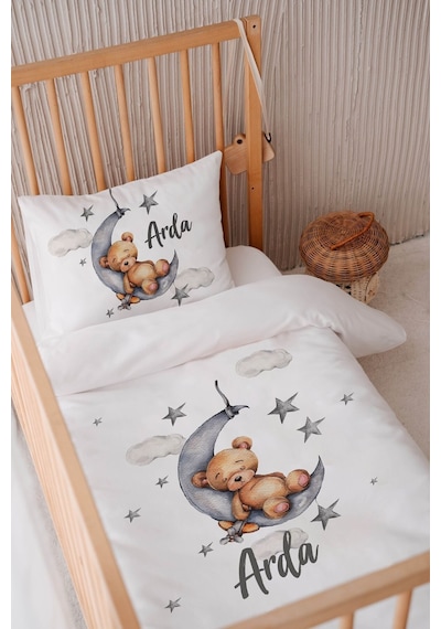 %100 Pamuk Saten Isme Özel Isimli 100x150 Bebek Yatak Nevresim Seti Ayıcık 2