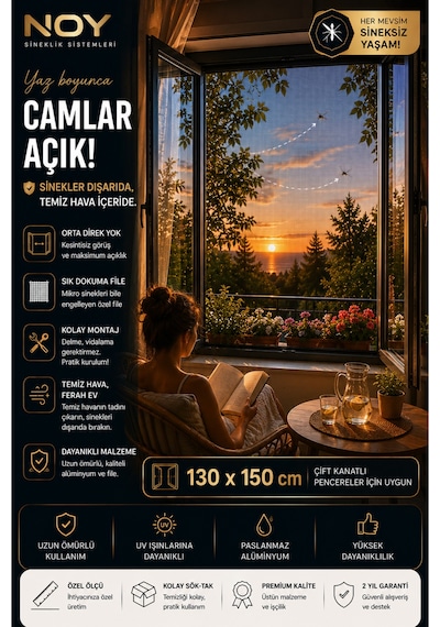 Sineklik Pencere Sinekliği Yapışkanlı Cırtlı Sinek Perdesi Yıkanabilir Tekrar Kullanılabilir 130x150 Cm