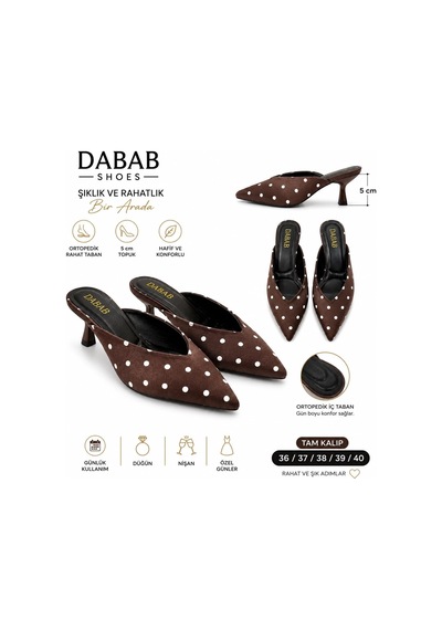 Dabab Shoes Sevılla Puantiye Desenli Acı Kahve Saten Sivri Burunlu 5 Cm İnce Topuklu Mule Terlik Kahverengi
