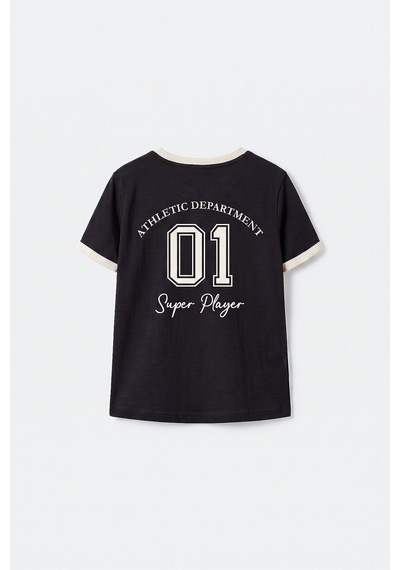 Siyah Omuz Biye Detaylı Baskılı Kız Çocuk T-shirt - 75181