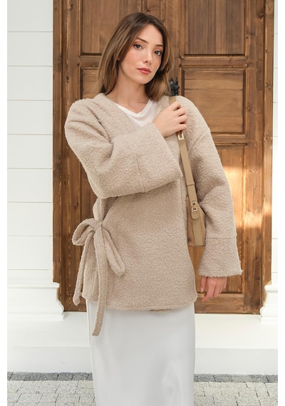 Olcay Önü Bağlamalı Buklet Kimono Ceket Taş 8265